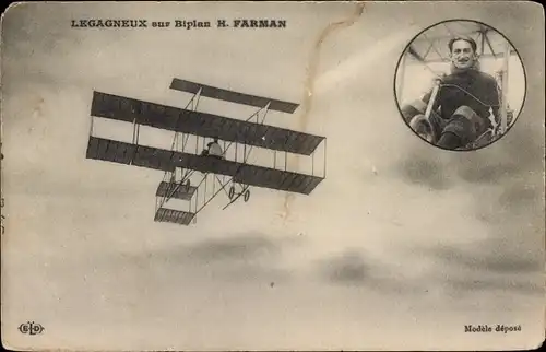 Ak Legagneux sur Biplan H. Farman, Zivilflugzeug, Flugpionier