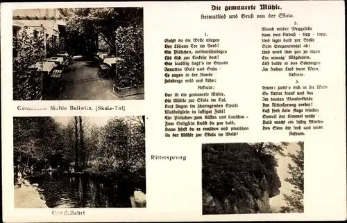 Lied Ak Bellwitz Löbau in Sachsen, Gemauerte Mühle, Skalatal, Gondelfahrt, Rittersprung, Heimatlied
