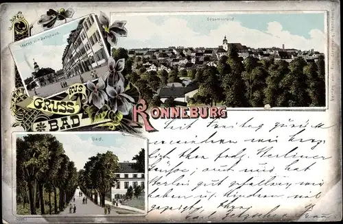 Litho Ronneburg im Kreis Greiz Thüringen, Blick auf den Ort, Markt, Rathaus, Bad