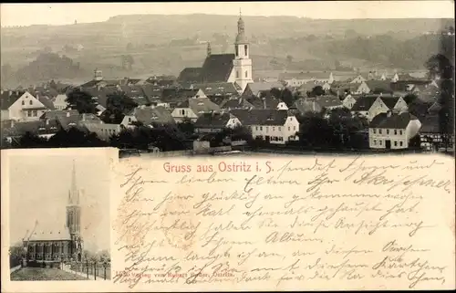 Ak Ostritz in der Oberlausitz, Kirchen, Stadtpanorama