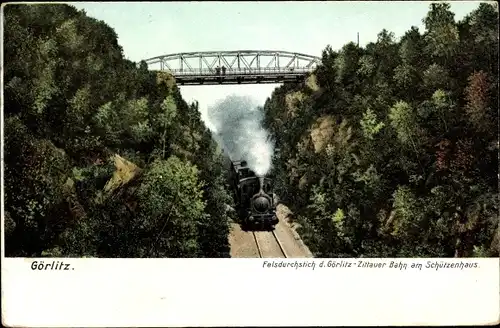 Ak Görlitz in der Lausitz, Felsdurchstich der Görlitz Zittauer Bahn am Schützenhaus, Dampflok