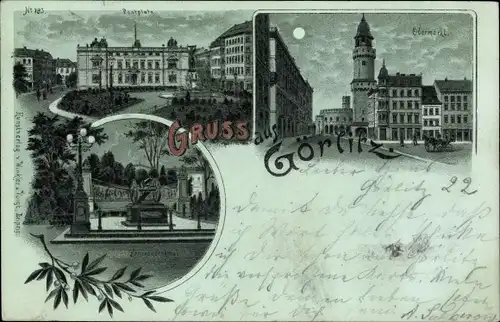 Mondschein Litho Görlitz in der Lausitz, Obermarkt, Postplatz, Denkmal