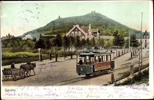 Litho Görlitz in der Lausitz, Straßenbahn, Landeskrone, Kutsche