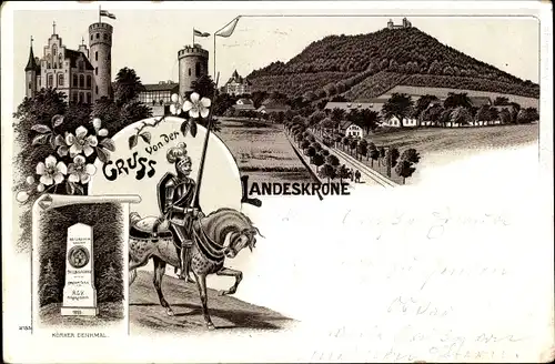 Litho Görlitz in der Lausitz, Landeskrone, Reiter, Ritter, Körner Denkmal