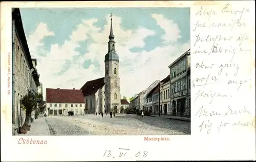 Ak Lübbenau im Spreewald, Blick auf den Marktplatz, Kirche