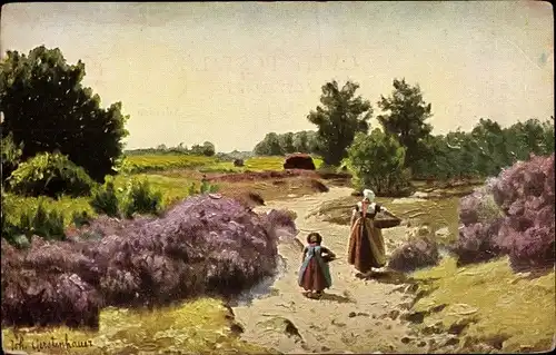 Künstler Ak Gerstenhauer, Johann Georg, niederländisches Dorfmotiv, Heidelandschaft