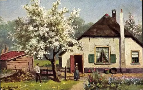 Künstler Ak Gerstenhauer, Johann Georg, niederländisches Dorfmotiv, Wohnhaus, blühender Garten