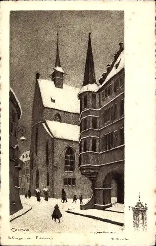 Künstler Ak Hansi, Jean Jacques Waltz, Colmar Kolmar Elsass Haut Rhin, Straßenpartie, Winter