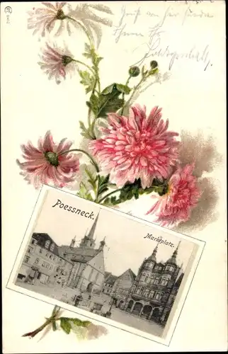 Präge Litho Pößneck in Thüringen, Marktplatz, Blumen