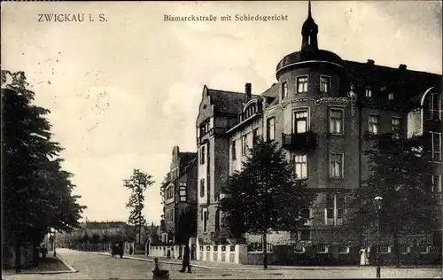Ak Zwickau in Sachsen, Bismarckstraße mit Schiedsgericht