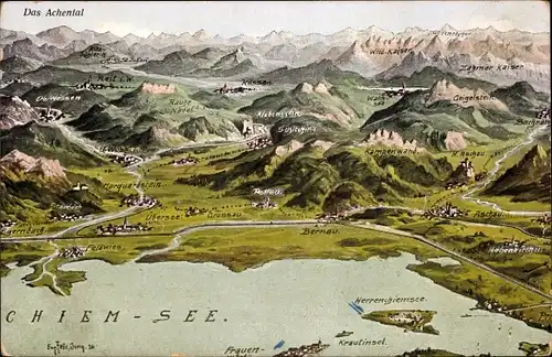 Landkarten Künstler Ak Felle, E., Bach Aschau im Chiemgau Oberbayern, Bernau, Kampenwand