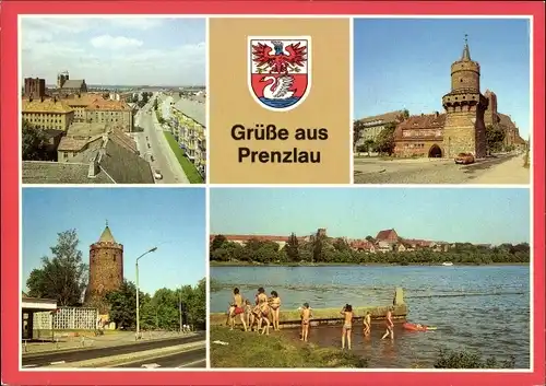 Ak Prenzlau in der Uckermark, Blick vom Steintor, Mitteltorturm, Blindower Turm, Badestelle, Wappen