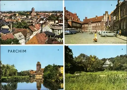 Ak Parchim in Mecklenburg, Teilansicht, Schuhmarkt, Marienkirche, Kinderkurheim Markower Mühle