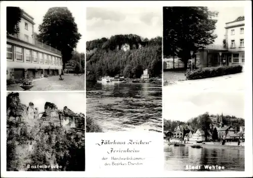 Ak Stadt Wehlen an der Elbe Sächsische Schweiz, Fährhaus Zeichen Ferienheim, Basteibrücke