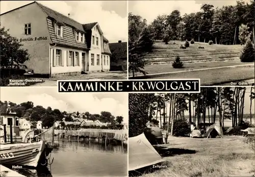 Ak Kamminke auf Usedom, Hafen, Zeltplatz, Konsum Gaststätte Haffblick