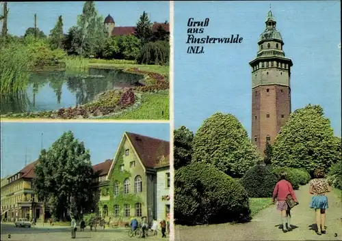 Ak Finsterwalde in der Niederlausitz, Goldfischteich im Stadtpark, Post, Sparkasse, Wasserturm