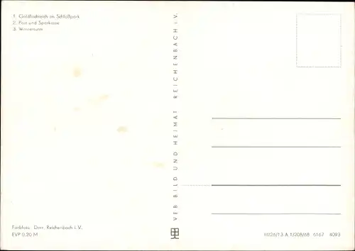 Ak Finsterwalde in der Niederlausitz, Goldfischteich im Stadtpark, Post, Sparkasse, Wasserturm