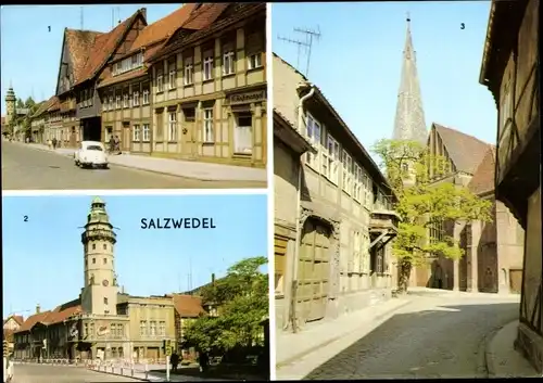 Ak Salzwedel in der Altmark, Straße der Jugend, Hotel Schwarzer Adler, Turm des alten Rathauses