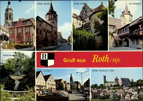 Ak Roth bei Nürnberg Mittelfranken, Schloss Ratibor, Schlosshof, Stadtplatz, Städlerbrunnen, Wappen