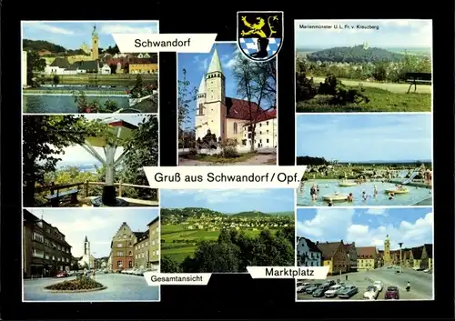 Ak Schwandorf im Oberpfälzer Wald Bayern, Marktplatz, Schwimmbad, Gesamtansicht, Wappen