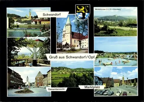 Ak Schwandorf im Oberpfälzer Wald Bayern, Marktplatz, Schwimmbad, Gesamtansicht, Wappen