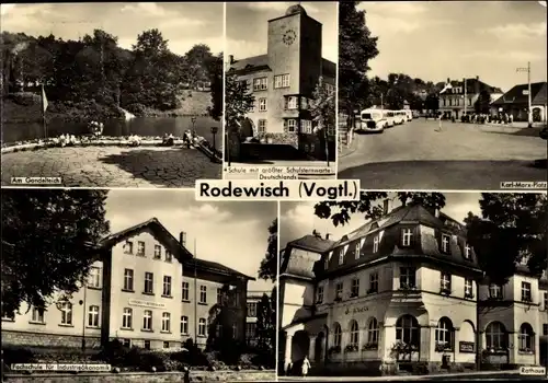 Ak Rodewisch im Vogtland Sachsen, Am Gondelteich, Schule, Schulsternwarte, Rathaus, Fachschule