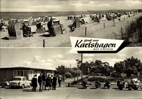 Ak Karlshagen auf Usedom, Strandkörbe am Strand, Parkplatz, Motorräder