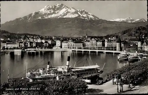 Ak Luzern Stadt Schweiz, Stadt mit Pilatus, Dampfer am Anleger