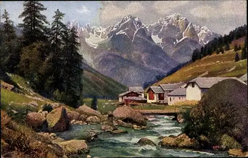 Ak Tarasp Scuol Kanton Graubünden, Partie am Fluss, Ort, Berge