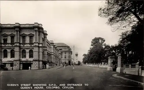 Ak Colombo Ceylon Sri Lanka, Queen's Street showing GPO and Entrance to Queen's House