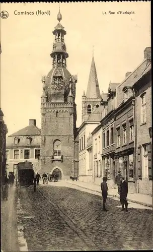 Ak Comines Nord, La Rue d'Hurlupin, eglise