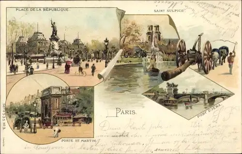 Litho Paris X., Pont d'Jena, Porte St. Martin, Saint Sulpice, Place de la Republique