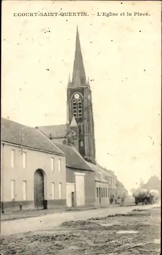 Ak Écourt Saint Quentin Pas de Calais, L'Eglise et la Place