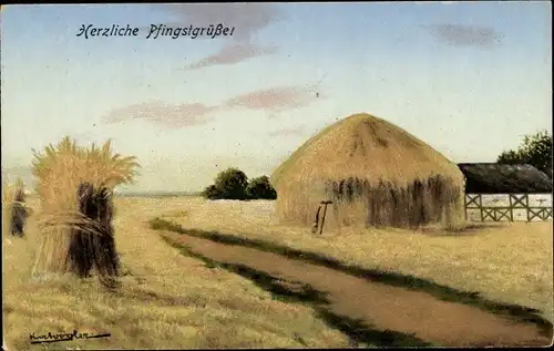 Künstler Ak Herzliche Pfingstgrüße, Dorfpartie, Weizengarben