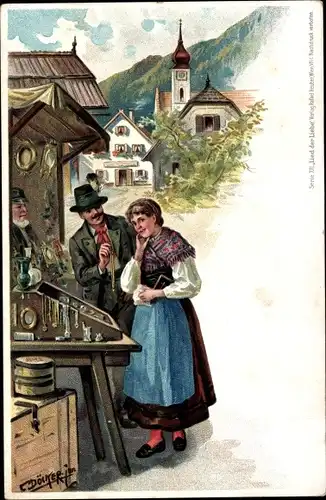 Künstler Litho Döcker, E., Liebespaar beim Schmuckhändler, Kirche