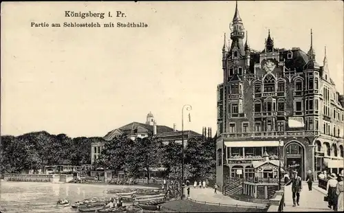 Ak Kaliningrad Königsberg Ostpreußen, Partie am Schlossteich mit Stadthalle