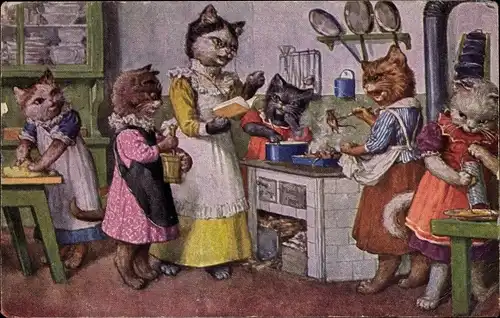 Künstler Ak Thiele, Arthur, Vermenschlichte Katzen, Kochschule