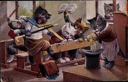 Künstler Ak Thiele, Arthur, Das Verhängnis naht, vermenschlichte Katzen in der Schule