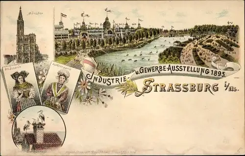 Litho Strasbourg Straßburg Elsass Bas Rhin, Industrie und Gewerbeausstellung 1895, Münster, Trachten