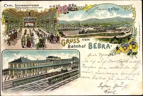 Litho Bebra an der Fulda Hessen, Gesamtansicht, Bahnhof, Bahnhofsrestaurant Carl Schwerdtfeger