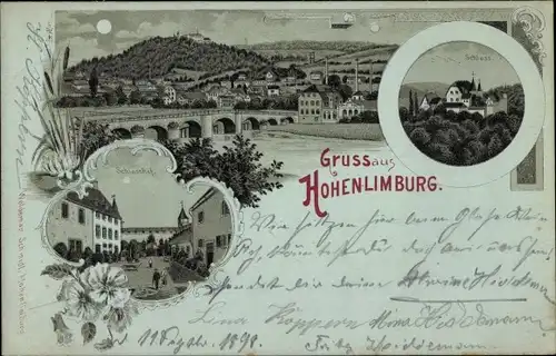 Mondschein Litho Hohenlimburg Hagen in Westfalen, Schloss, Schlosshof, Panorama