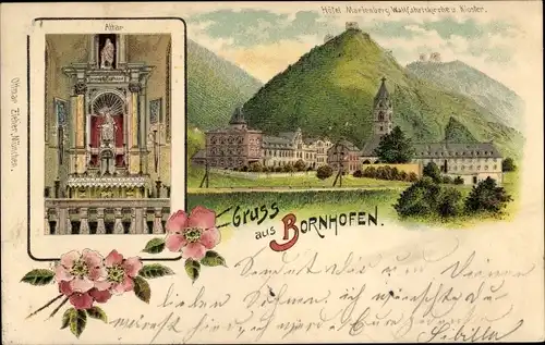 Litho Bornhofen am Rhein, Altar, Hotel Marienberg, Wallfahrtskirche, Kloster