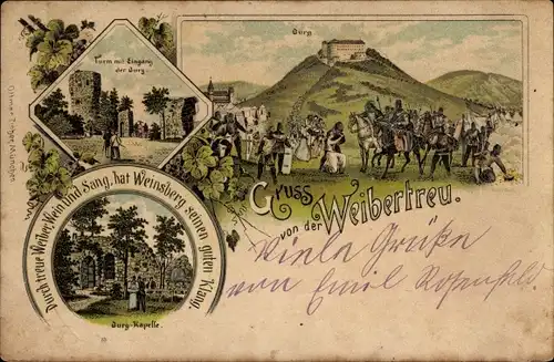 Litho Weinsberg im Kreis Heilbronn, Burg Weibertreu, Turm, Kapelle
