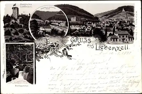 Litho Bad Liebenzell im Schwarzwald, Burgruine, oberes und unteres Bad, Kollbachtal