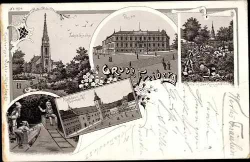 Litho Freiberg in Sachsen, Jakobikirche, Post, Rathaus mit Obermarkt, Zwerge