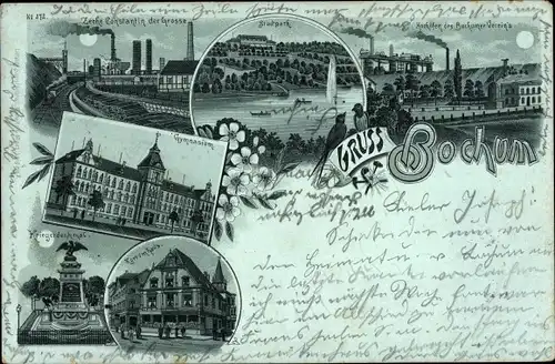 Mondschein Litho Bochum im Ruhrgebiet, Zeche Constantin, Stadtpark, Hochöfen des Bochumer Vereins