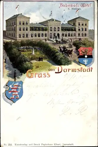 Ak Darmstadt in Hessen, Bahnhofshotel E. Niemann, Wappen