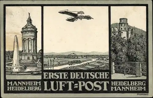 Künstler Ak Morano, Erste deutsche Luftpost, Mannheim-Heidelberg, Heidelberg-Mannheim