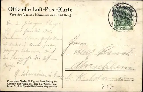 Künstler Ak Morano, Erste deutsche Luftpost, Mannheim-Heidelberg, Heidelberg-Mannheim