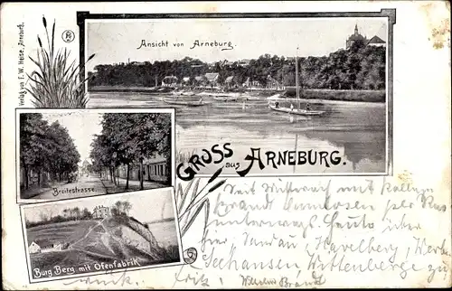 Ak Arneburg an der Elbe, Breitestraße, Burg Berg mit Ofenfabrik, Flusspartie